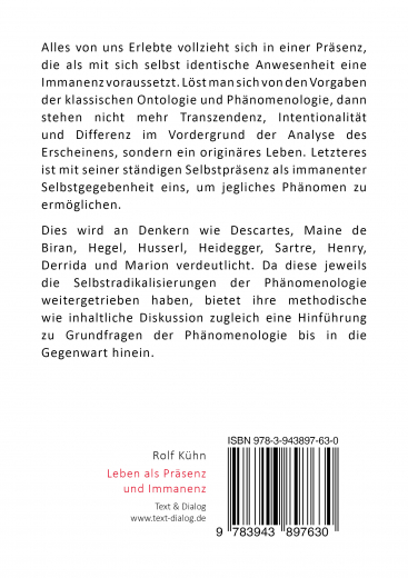 Rolf Kühn, Leben als Präsenz und Immanenz. Hinführung zu Grundfragen der Phänomenologie